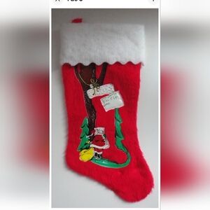 Vintage 1960s Red Faux Fur Christmas Stocking Santa Fill It Up! Santa Tree
